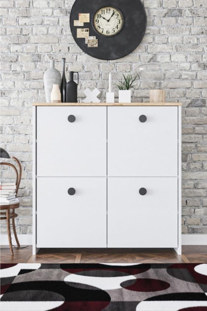 4 Kapaklı 4 Raflı Modern Dekoratif Dolap Beyaz Meşe