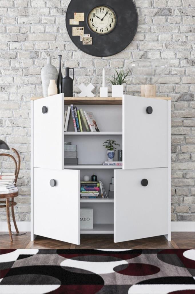 4 Kapaklı 4 Raflı Modern Dekoratif Dolap Beyaz Meşe