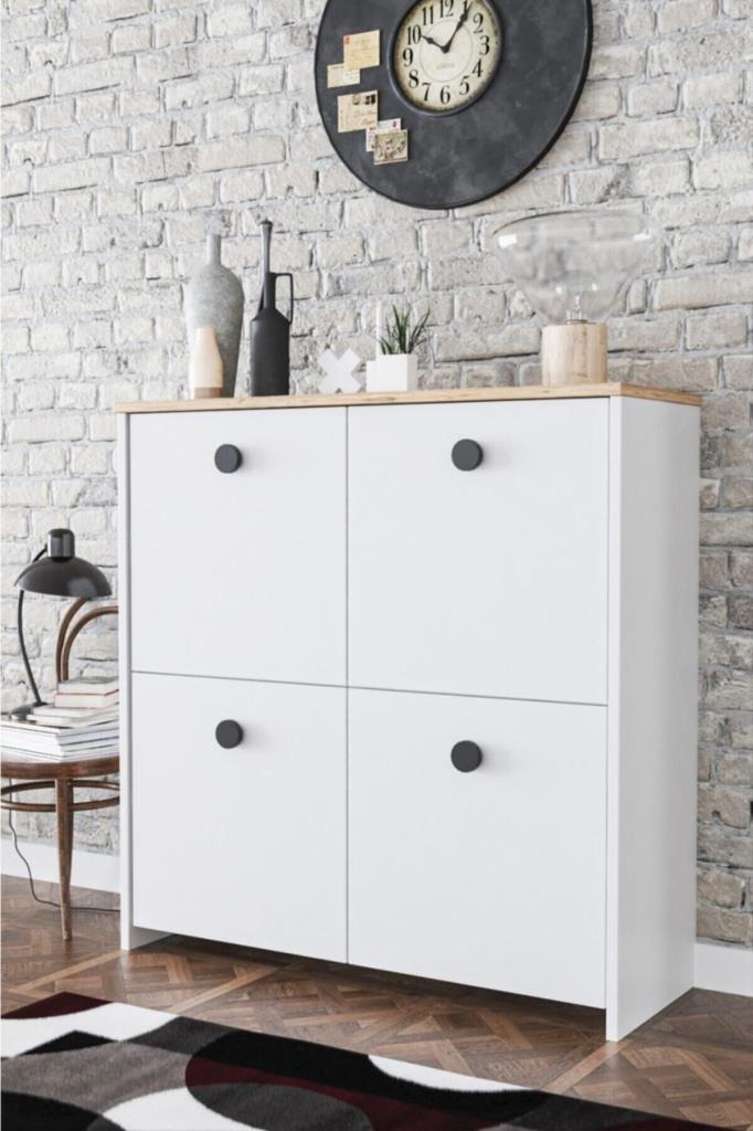 4 Kapaklı 4 Raflı Modern Dekoratif Dolap Beyaz Meşe