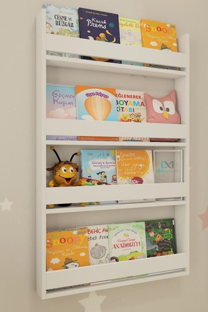 Montessori Çocuk Kitaplığı 4 Raflı Duvar Tipi Beyaz Kitaplık - Eğitici Tasarım