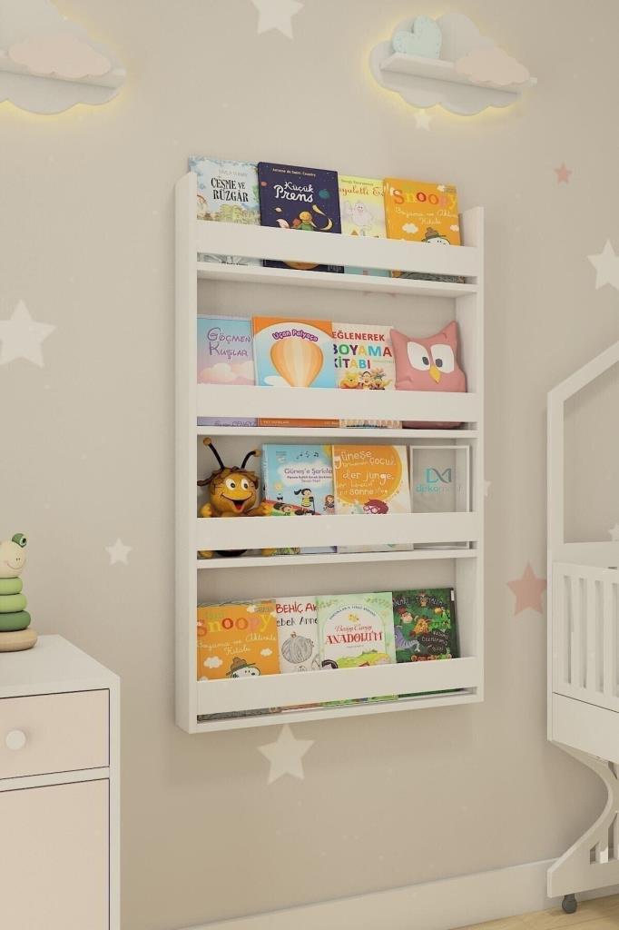 Montessori Çocuk Kitaplığı 4 Raflı Duvar Tipi Beyaz Kitaplık - Eğitici Tasarım